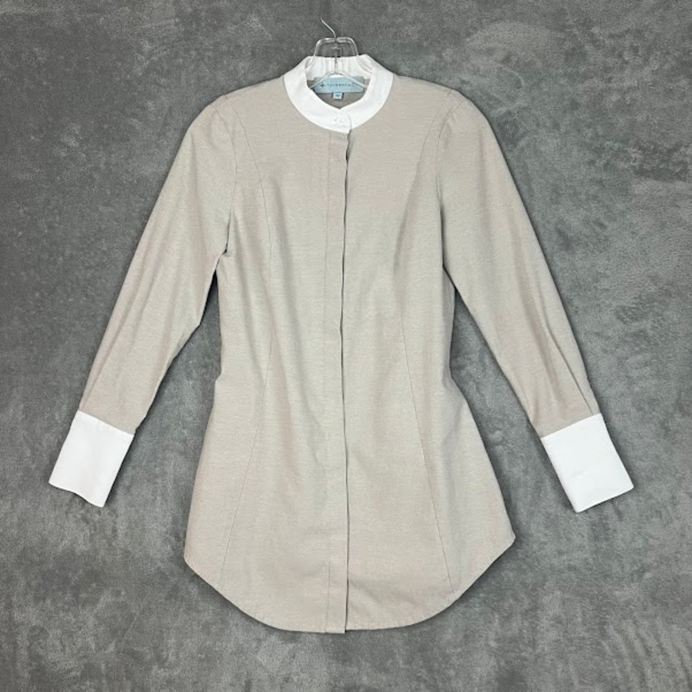 Tuckernuck Long Blouse Womens XS Beige Stand Collar Cuffs‎ Minimalist Career